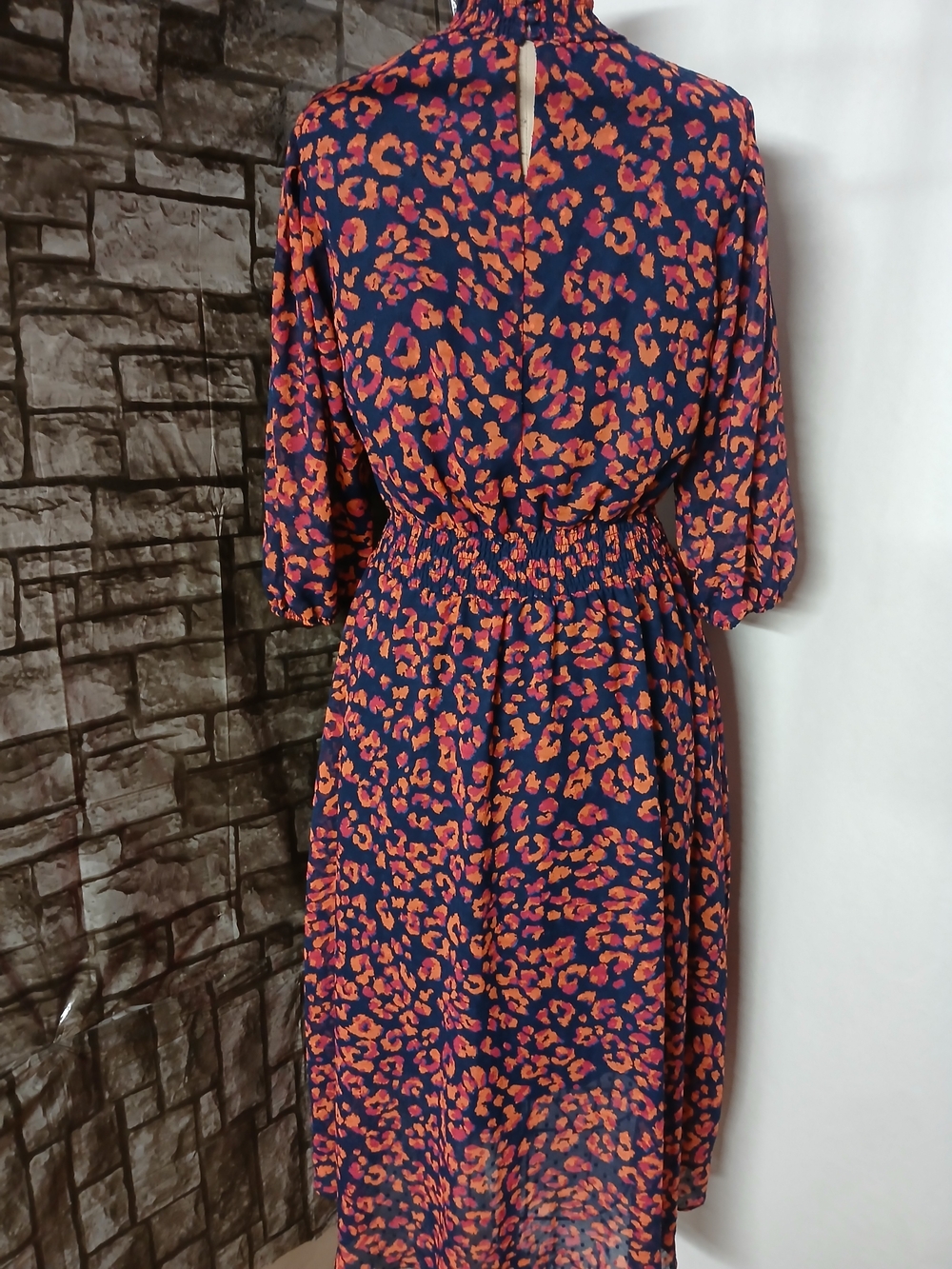 Nanette Lepore Navy Midi Dress with Orange & Pink Geometric Print Size 8